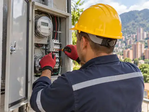 Imagen ilustrativa de un técnico electricista revisando un medidor y tablero eléctrico en Medellín