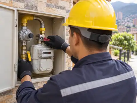 Imagen ilustrativa de un técnico revisando un medidor y conexiones de gas en Medellín
