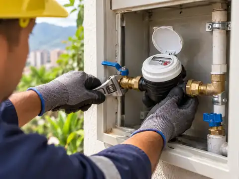 Imagen ilustrativa de un técnico revisando un medidor de agua y conexiones de plomería en Medellín